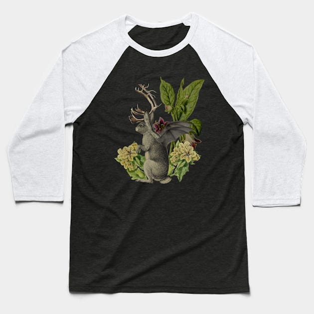 Jackalope Vespertilio Baseball T-Shirt by Black Rabbit Curiosities 